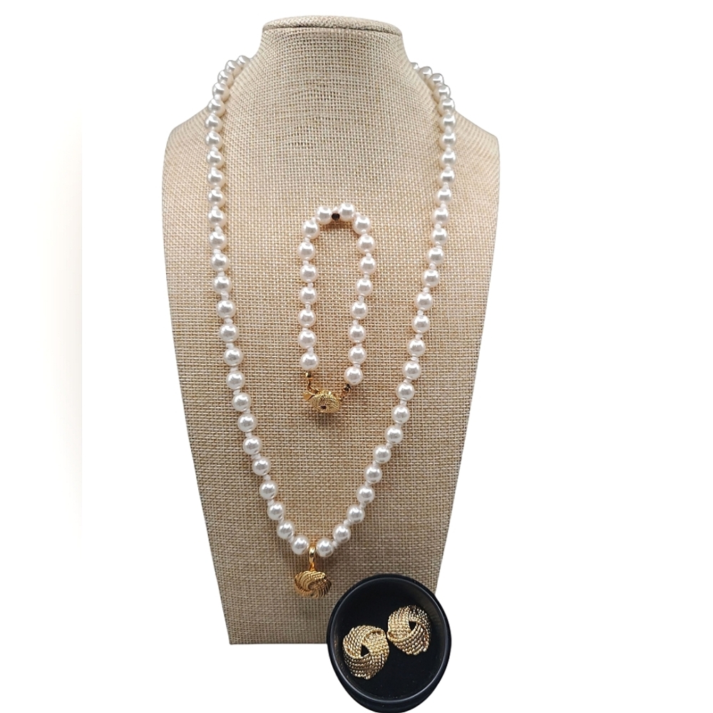Vintage Carlo Orsini Fashion White Pearl Necklace Set with Gold Accents